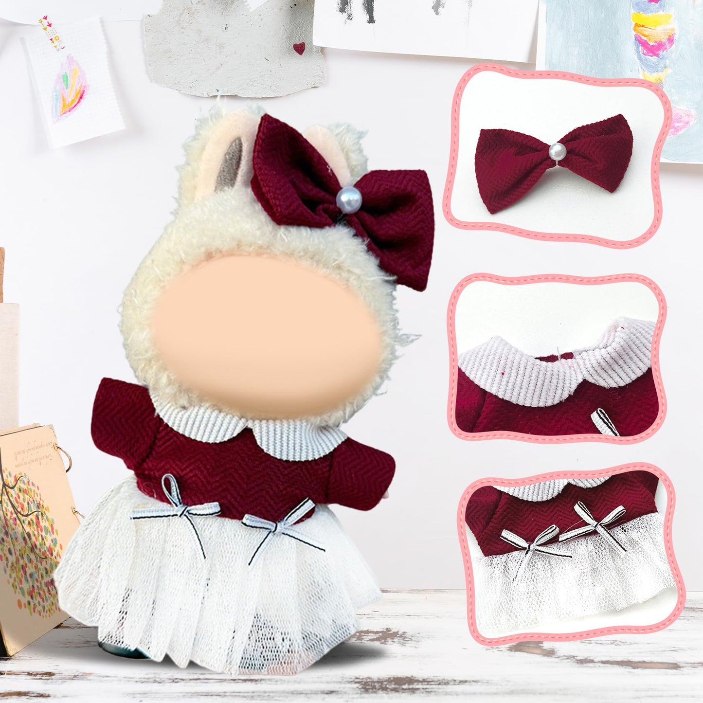 17cm Doll Clothes Labubu Clothes for 6.7inch(17cm) Dolls enhanced Doll Outfit with Hat and Accessories(Clothes Only) (Red White)