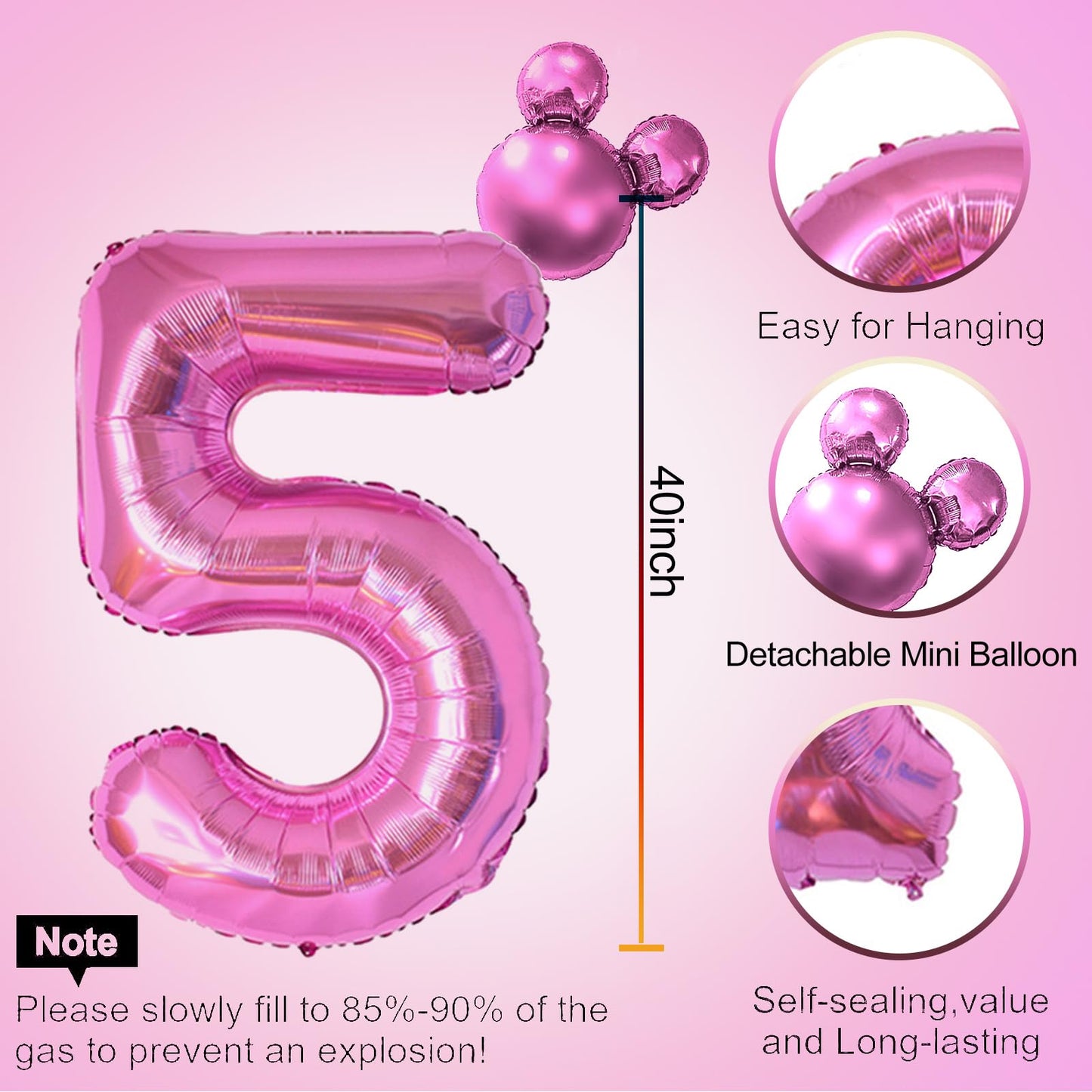 40 Inch Hot Pink Number 5 Balloon & Mini Mouse Head Balloon, 5Th Birthday Party Decoration Balloons, Cartoon Mouse Birthday Part