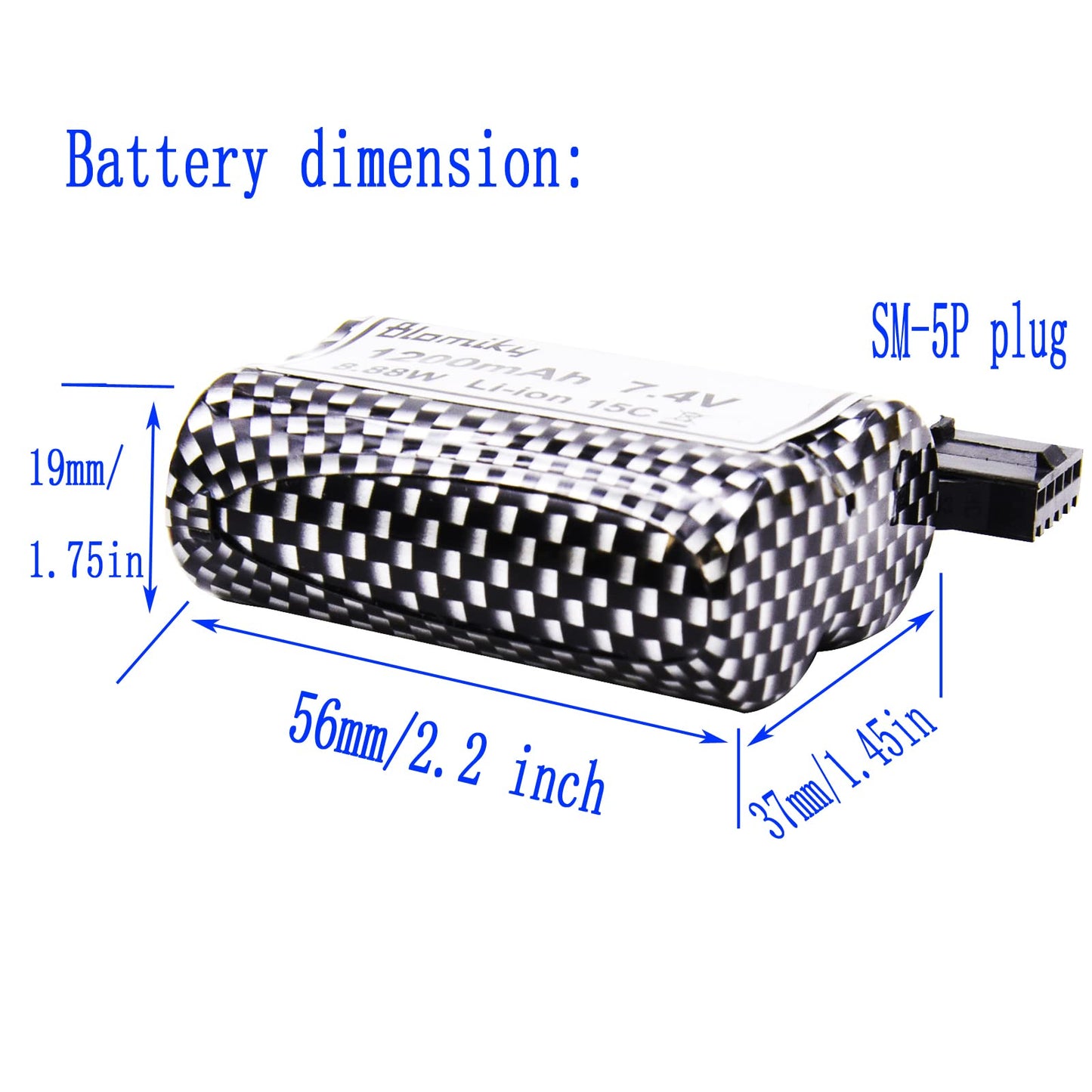 Blomiky 2 Pack 7.4V 1200mAh Li-ion Rechargeable Battery with SM5P Plug and Charger Cable for R208 R308 2008 RC Boat R208 Battery