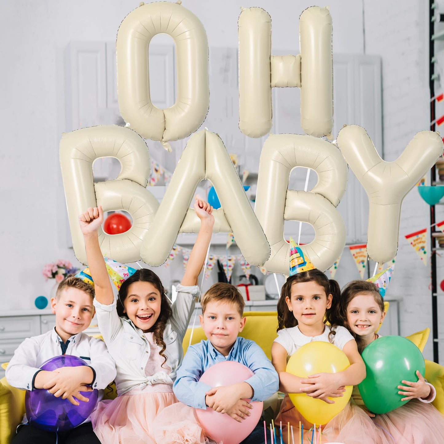 Biapian 40 Inch Oh Baby Letter Balloons, Big Beige Baby Foil Balloons, 6 Pcs Giant Alphabet Large Balloon Neutral Oh Baby Balloo