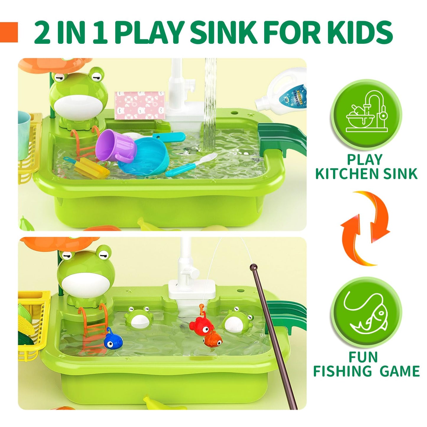 Play Sink with Running Water, Kitchen Play Sink Toy with Electric Faucet, Play Kitchen Accessories, Floating Pool Toys & Fishing