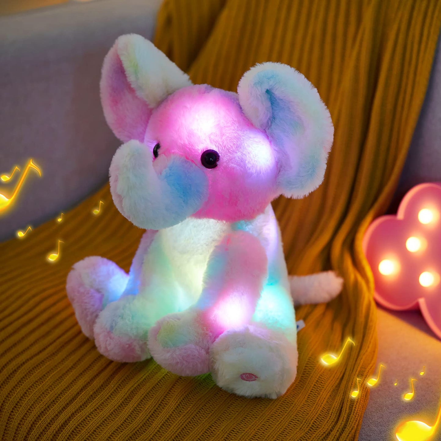 Glow Guards Rainbow Elephant Plush Toy - 12'' Musical LED Night Light & Lullaby for Kids, Soft Wildlife Gift