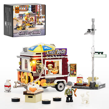 Funwhole Chili Dog Trailer Lighting Building-Bricks Set - City Food Truck Toy Playkit 515 Pcs For Adults And Kids
