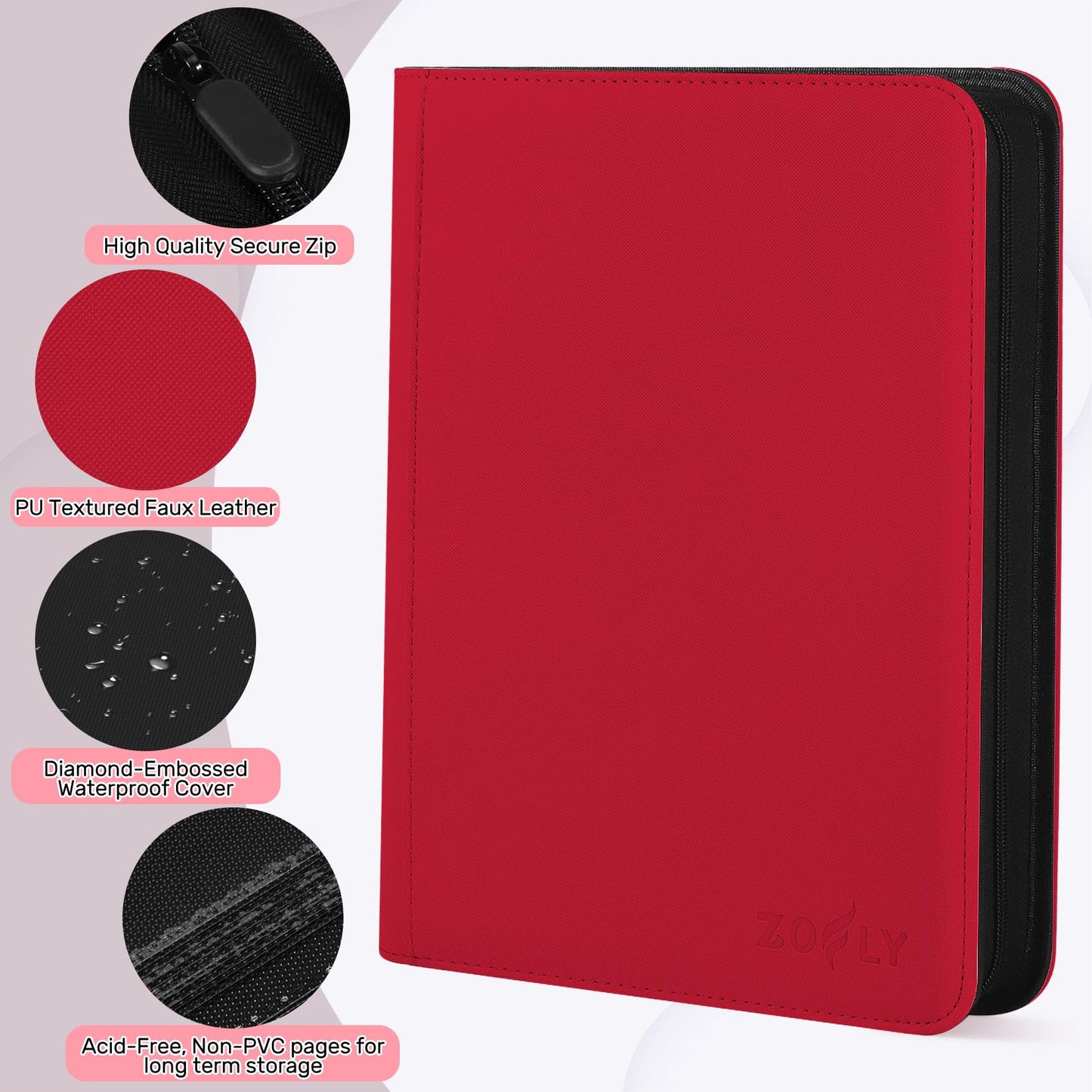 Zofly 9 Pocket Trading Card Zip Binder  540 Cards  enhanced Baseball Card Storage Album  30 Side-Loading Pages  Folder for Collectible Games  Sports  TCG  Red