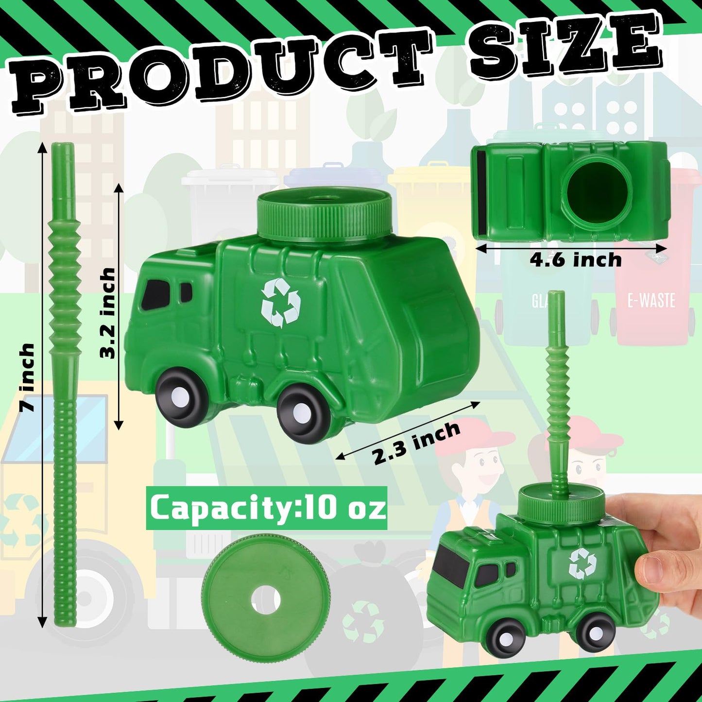 Tanlade 12 Sets Garbage Truck Cups with Straws, Trash Truck Birthday Party Decorations, 10 oz Plastic Garbage Car Shape Cup Reus