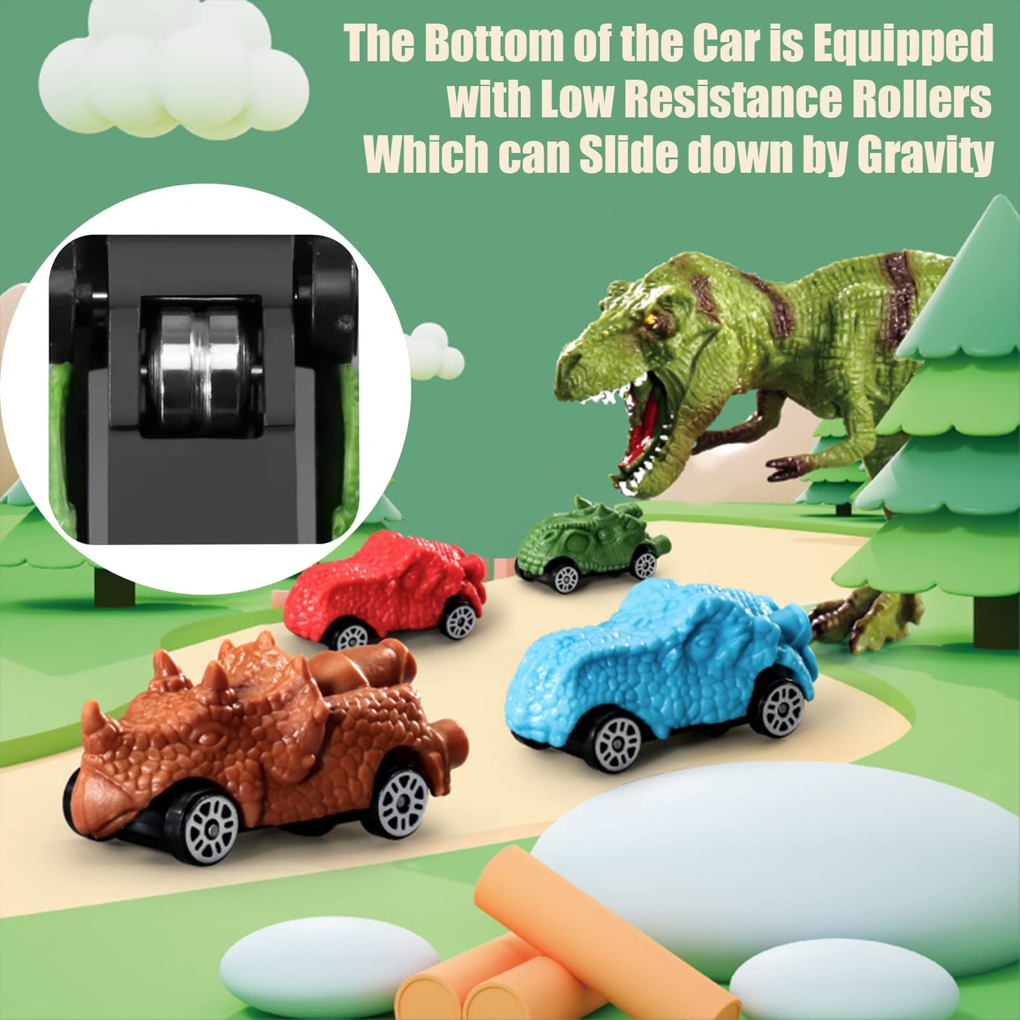 Juqic Children's Toy Car Ramp Track Dinosaur Spray Hills Adventure Railcar Slot Car Vehicle Race Play Set with 20 Mini Cars for
