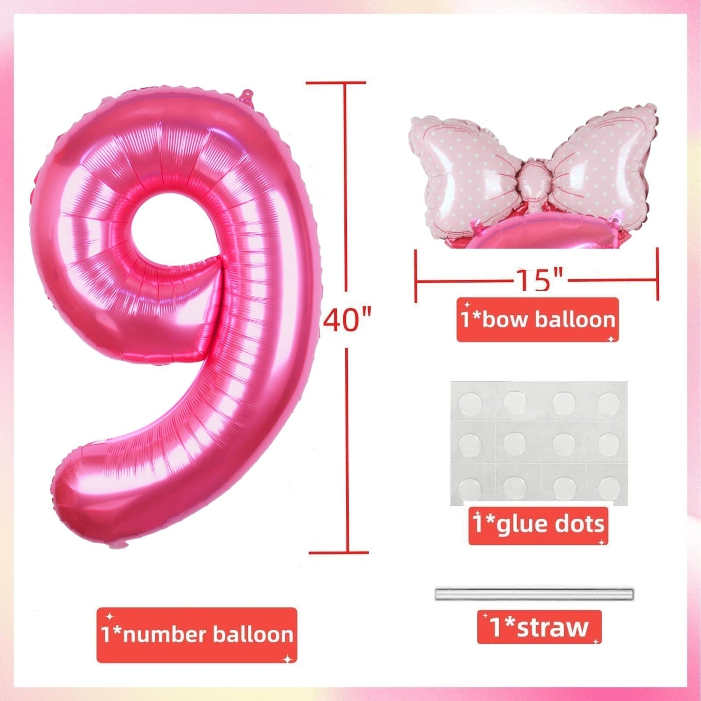 Kwuz 40 Inch Pink Number 9 Balloon, Aluminum Decor for Girls' 9th Birthday, Princess Cowgirl Theme, Model HK40PIBNFO-9