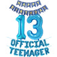 Official Teenager 13th Birthday Decorations for Boys Girls, Blue Banner Number 13 Birthday Foil Balloons for 13 Years Old Birthd