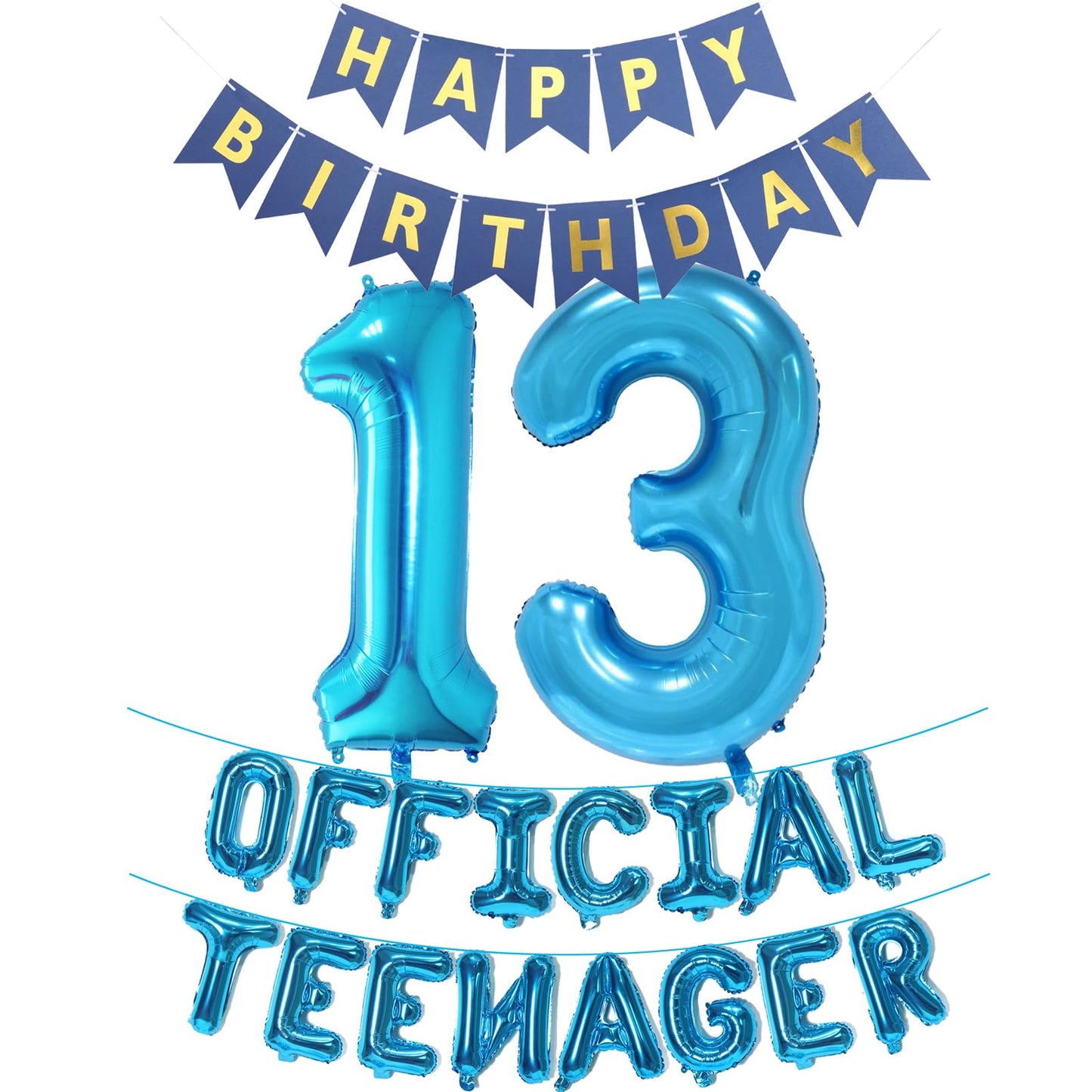 Official Teenager 13th Birthday Decorations for Boys Girls, Blue Banner Number 13 Birthday Foil Balloons for 13 Years Old Birthd
