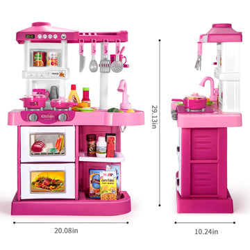 Temi Play Kitchen Playset Pretend Food - 53 PCS Pink Kitchen Toys for Toddlers, Toy Accessories Toddler Set w/Real Sounds and Li