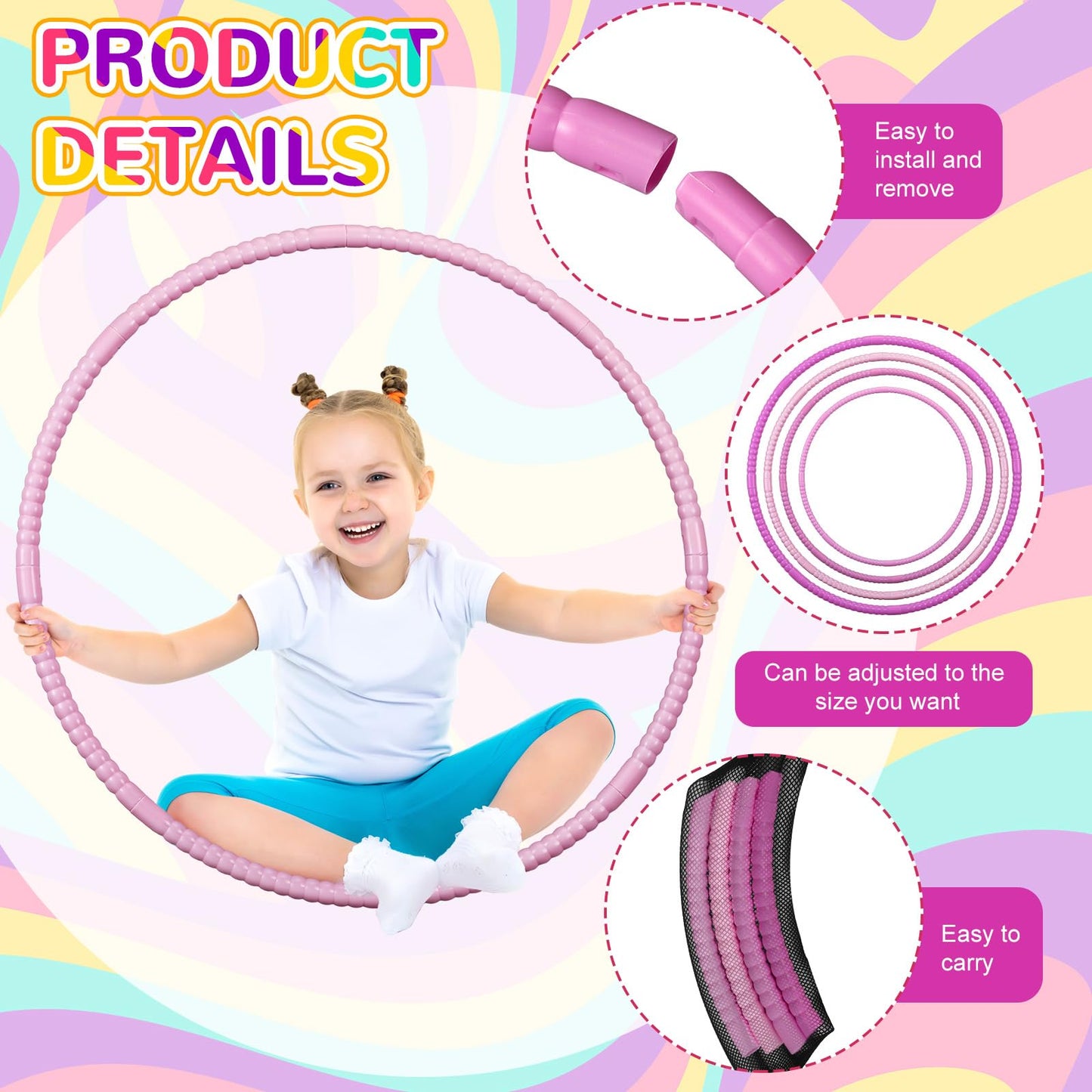 Syhood 12 Pcs Toy Color Hoop Plastic Detachable Adjustable Hoop Light Weight Exercise Fitness Equipment Toy Waist Ring for mature-themed Party  3 Sizes (Gradient Pink)