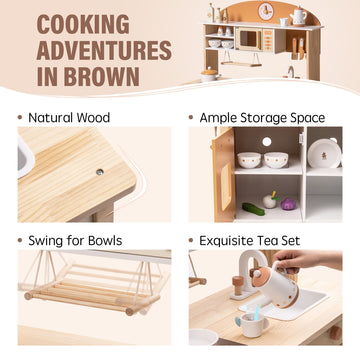 ROBUD Wooden Play Kitchen for Kids Toddlers, Kids Kitchen Playset with Realistic Accessories, Toy Kitchen Set with Plenty of Pla