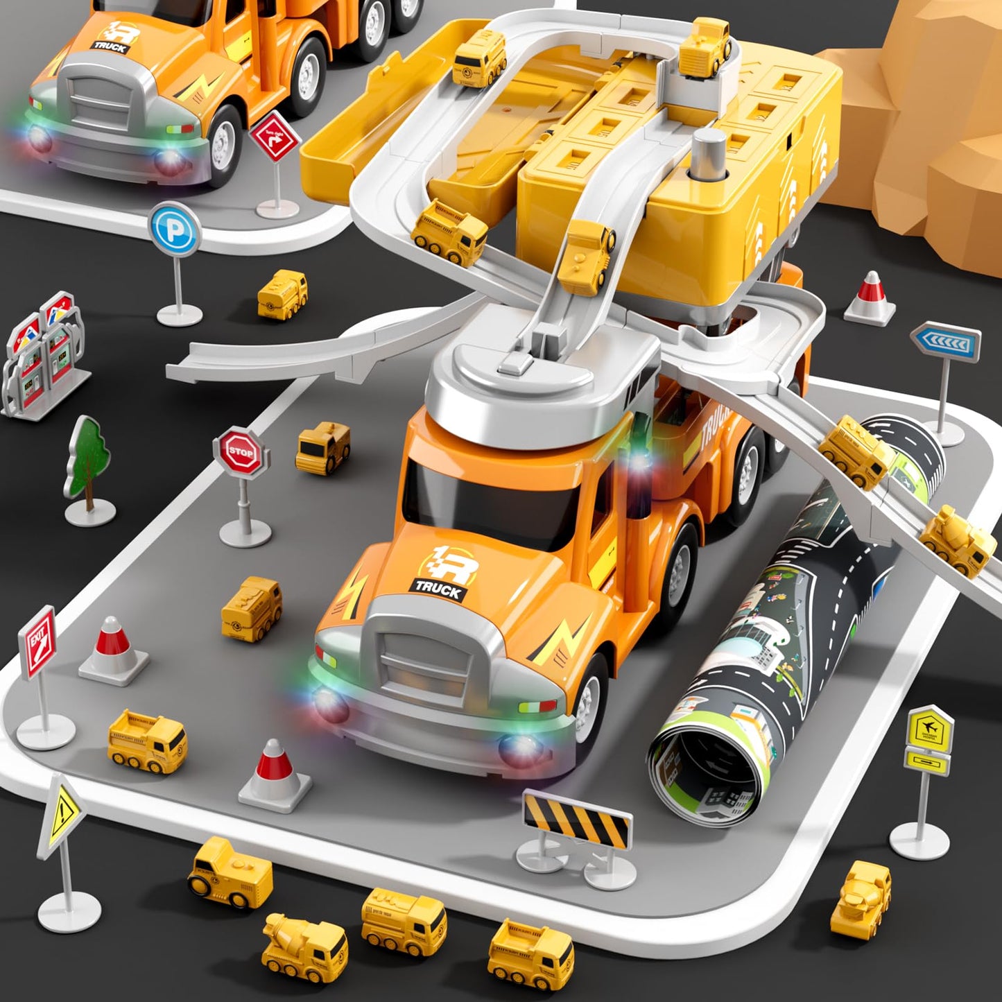 Dwi Dowellin Construction Truck for Kids Ages 3-5, Truck Transport Car with 4 Mini Vehicles & Playmat,Truck Toys with Light and