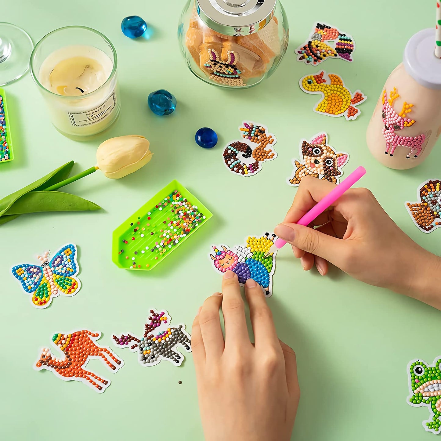 Acsaummy Diamond Art Stickers, 60Pcs Animals Diamond Arts Paintings Stickers Kits For Kids 5D Diy Diamond Dots Painting Self-Adh