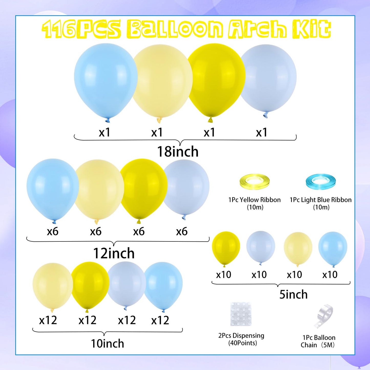 Funhot Blue Yellow Balloon Garland Arch Kit, Light Blue And Yellow Latex Balloons Large Maca Blue Yellow Party Balloons For Kids