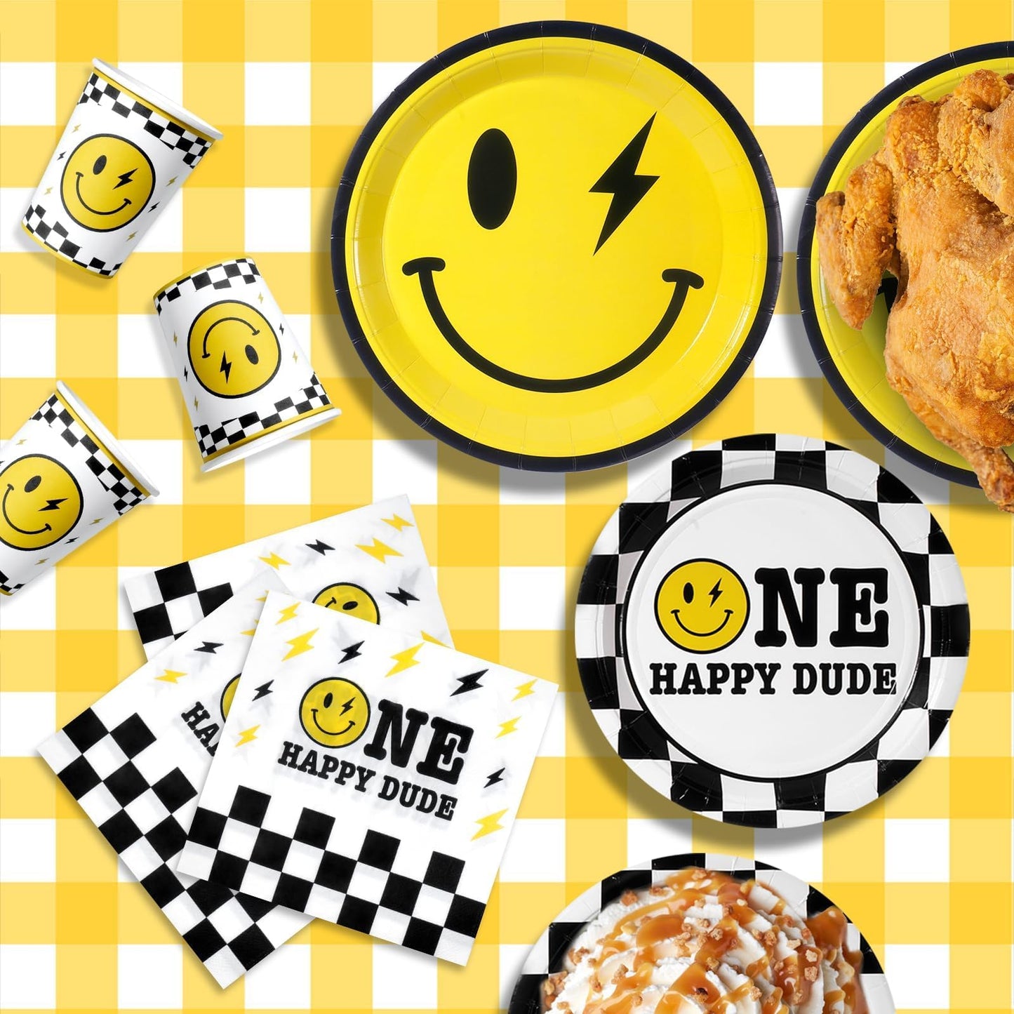 200Pcs One Happy Dude Birthday Plates Yellow Smile Face Party Plates One Happy Dude Paper Plates Cups Napkins Decor Disposable P