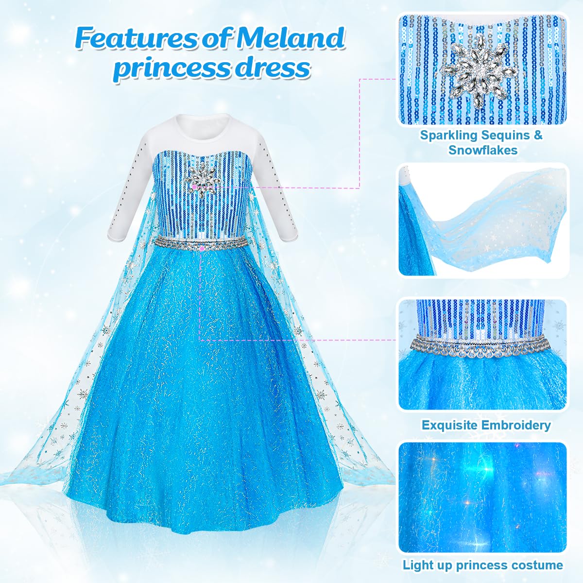 Meland Princess Dresses For Girls - Princess Costume With Long Cape For Cosplay, Dress Up Clothes For Little Girls Age 3,4,5,6,7