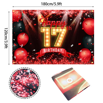 Happy 17Th Birthday Banner Backdrop Red And Black 17 Years Old Background Bday Decorations For Girls Boys Photography Party Supplies Glitter
