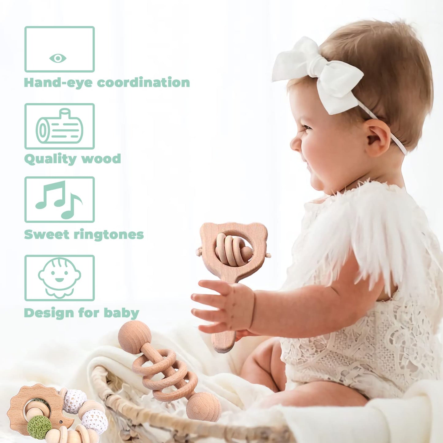 6 Pieces Toy Set- Wooden Baby Toys For Babies 0-6 Months,Wooden Toys For Babies Rattles With Bells,Wooden Rattles Push Car,Wood Rattle Toys Gifts For Boys Girls,Montessori Toys For Babies 0-6 Months