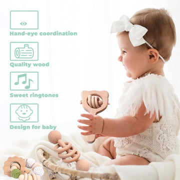 6 Pieces Toy Set- Wooden Baby Toys For Babies 0-6 Months,Wooden Toys For Babies Rattles With Bells,Wooden Rattles Push Car,Wood Rattle Toys Gifts For Boys Girls,Montessori Toys For Babies 0-6 Months