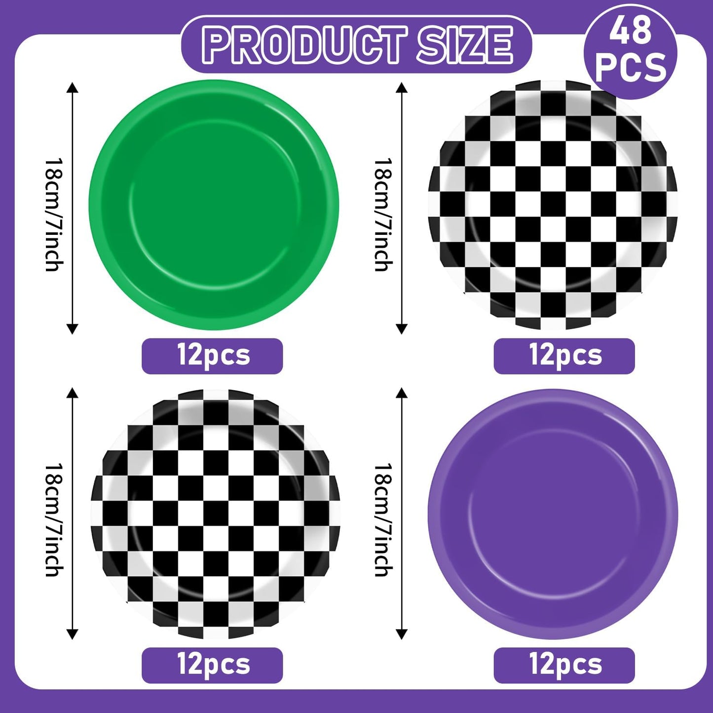 CHUNNIN 48PCS Green Purple Monster Truck Party Paper Plates for Monster Truck Themed Party Supplies 7  Checkered Racing Car Birt