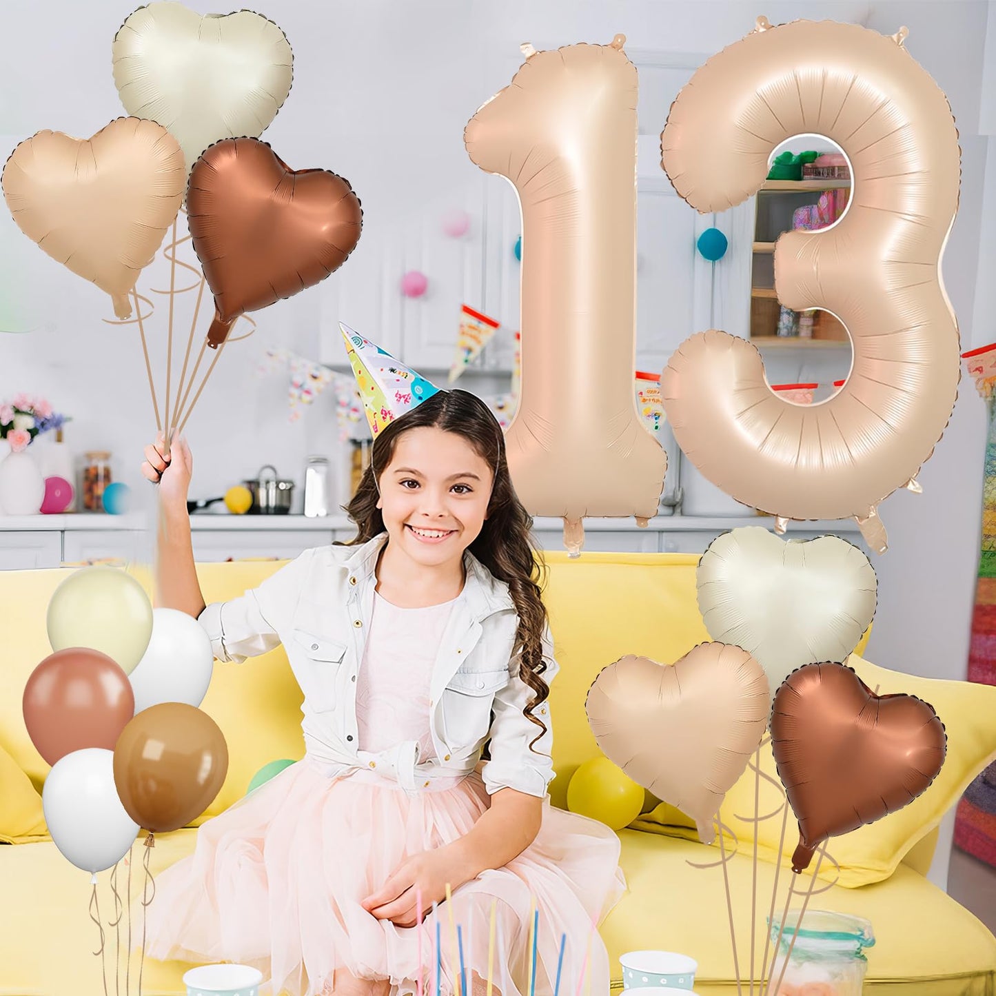 Biapian 40 Inch Light Brown Number 13 Balloons, 8Pcs Large Foil Number 1 & 3 Balloons With 18'' Caramel Heart Shape Balloon For