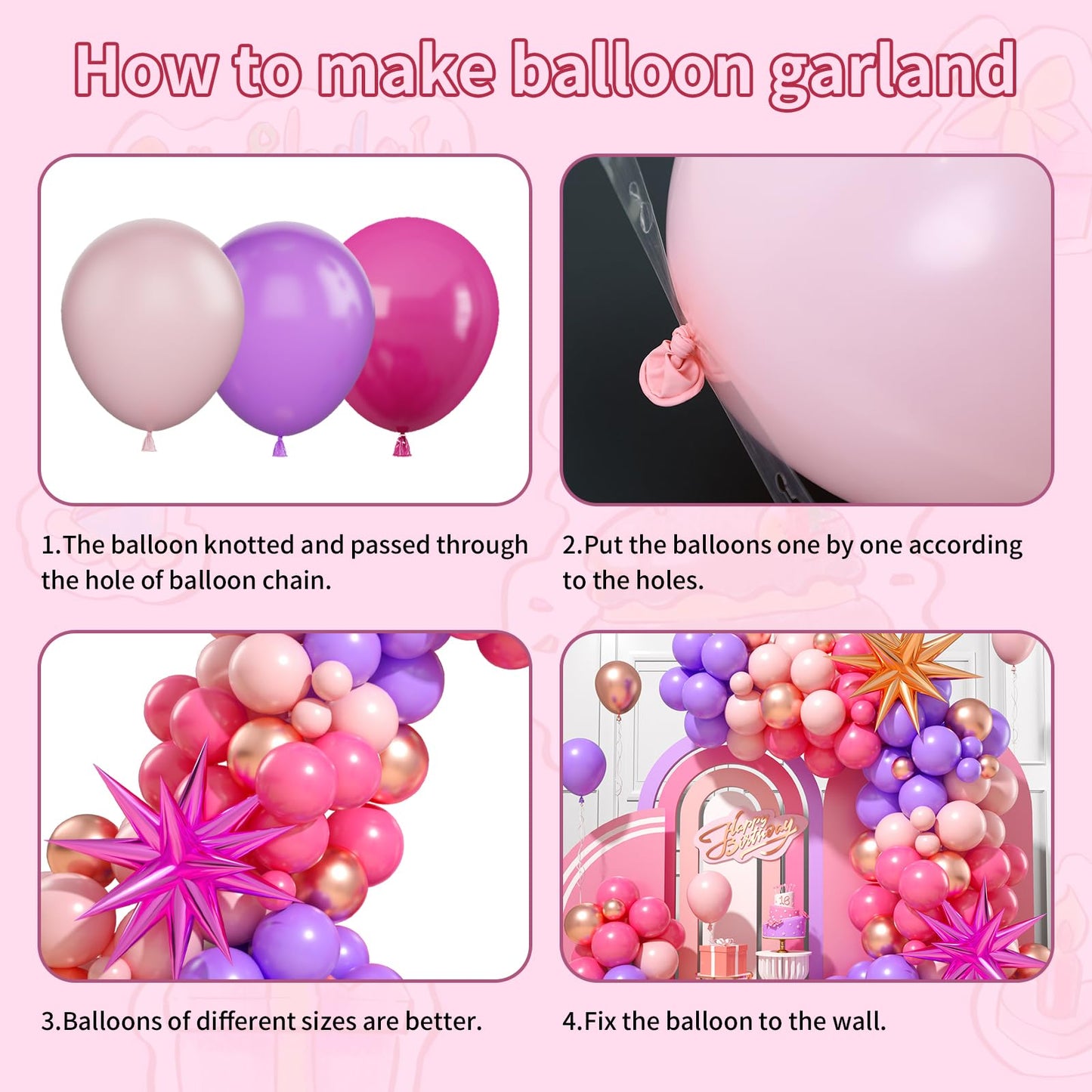 Pink Purple Balloon Arch Kit, Pink Purple Balloon Garland With Rose Red Pink Purple Rose Gold Latex Balloons And Star Foil Ballo