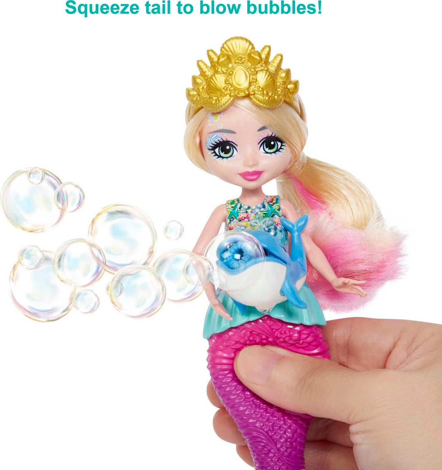 Enchantimals Mermaid Bubble-Maker Doll With Spray Dolphin Animal Figure, Bubble Solution & Tray, Ocean Kingdom Toy Collection