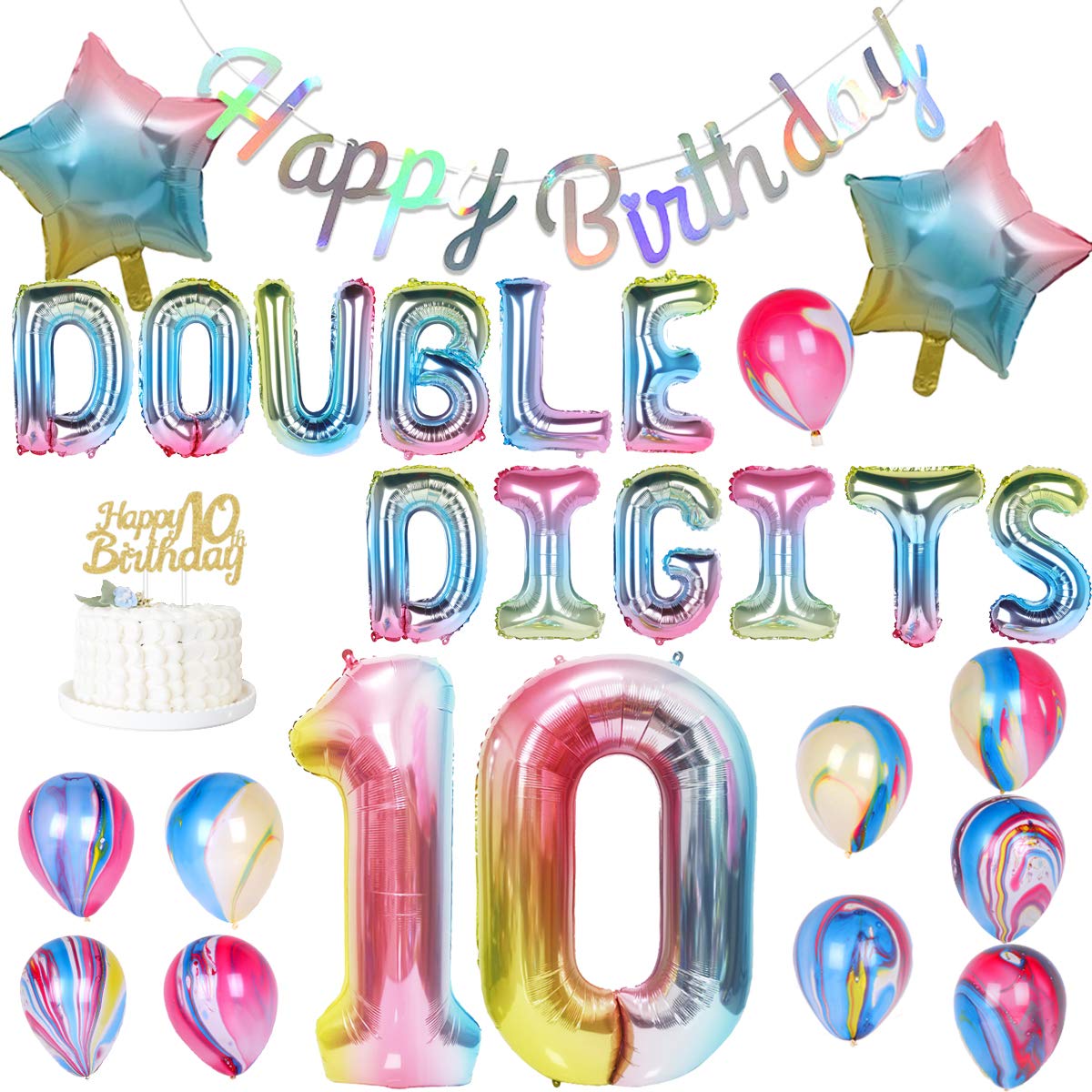 Rainbow 10Th Birthday Decorations For Girls Double Digits Birthday Party Decorations Banner Number 10 Balloon Star Balloons