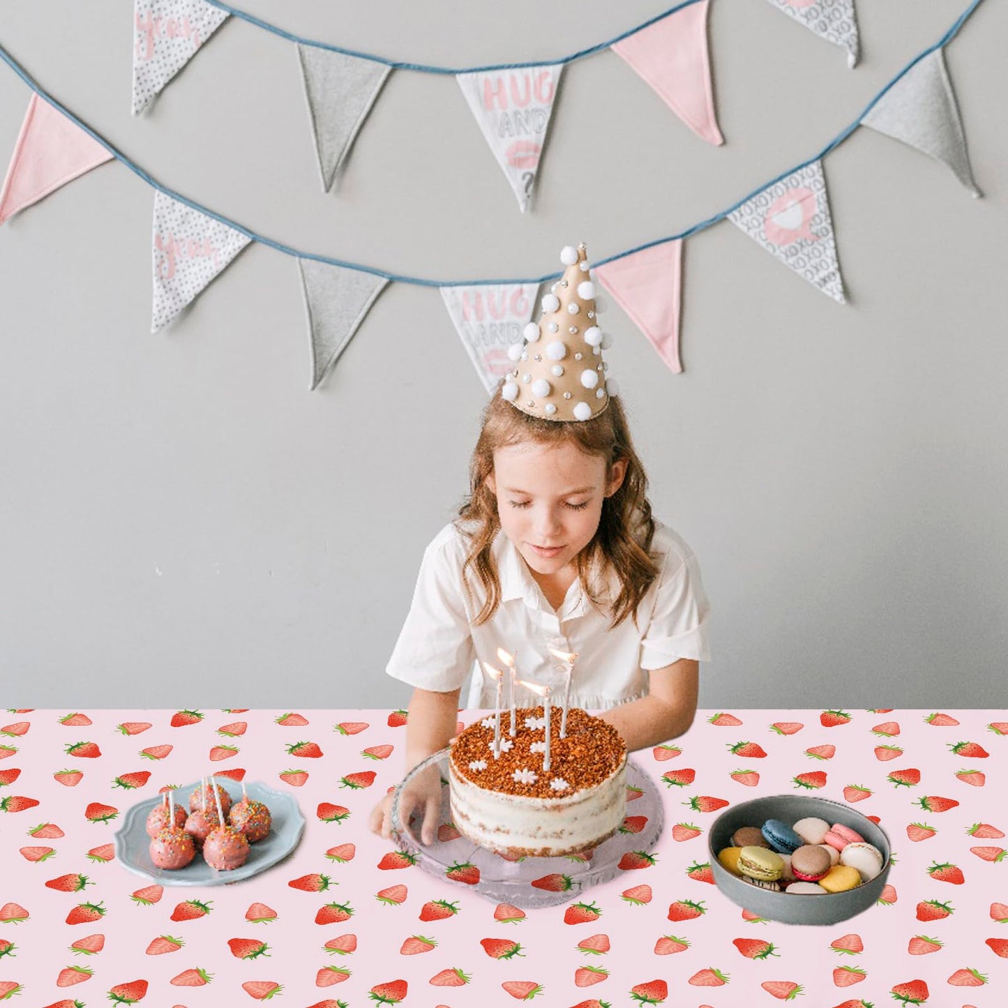 HTONTB 3PCS Strawberry Party Tablecloth,Strawberry Birthday Decorations 54X108INCH Disposable Plastic Rectangle Table Cover for