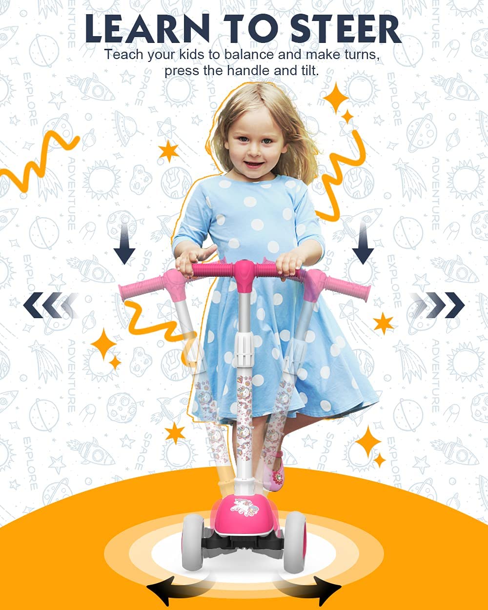 Toddler Scooter For Kids Ages 1-3/3-5/4-6 Years Old, 3 Wheels Foldable Kids Scooter For Age 6-10/8-12 With Adjustable Heights And Led Wheels(Blue Galaxy)