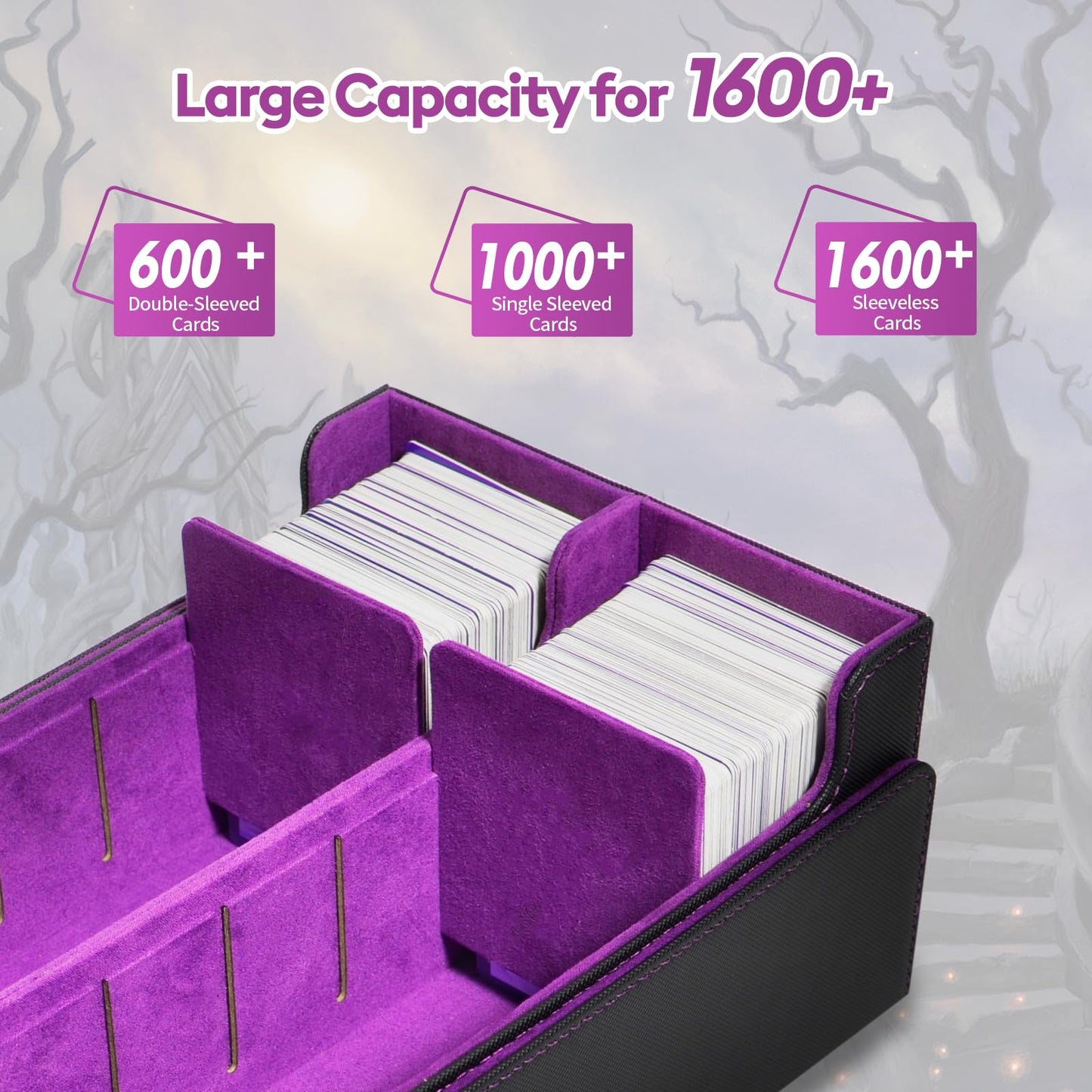 Tombert Premium Card Storage Box For Mtg Ptcg, Large Capacity With 4 Dividers And 4 Insertable Cards, 1600+ Pu Leather Commander Card Deck Case, Magnetic Closure Card Holder (Black&Purple)