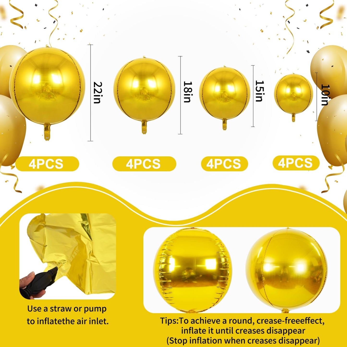 TONIFUL 16Pcs Large Gold 4D Giant Round Foil Balloon 4D Mirror Metallic Mylar Sephere Balloons for Christmas New Year Birthday P