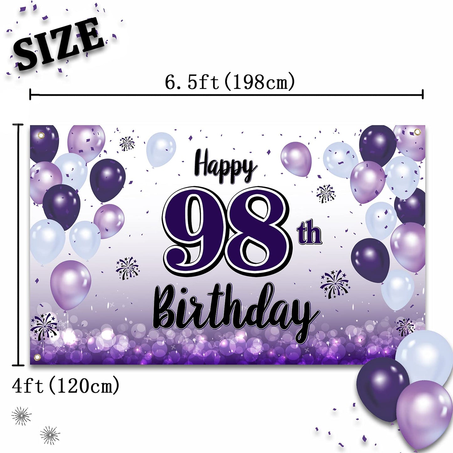 LASKYER Happy 98th Birthday Decorations,98th Purple Balloon Large Birthday Banner Backdrop Sign,98 Years Old Bday Party Supplies