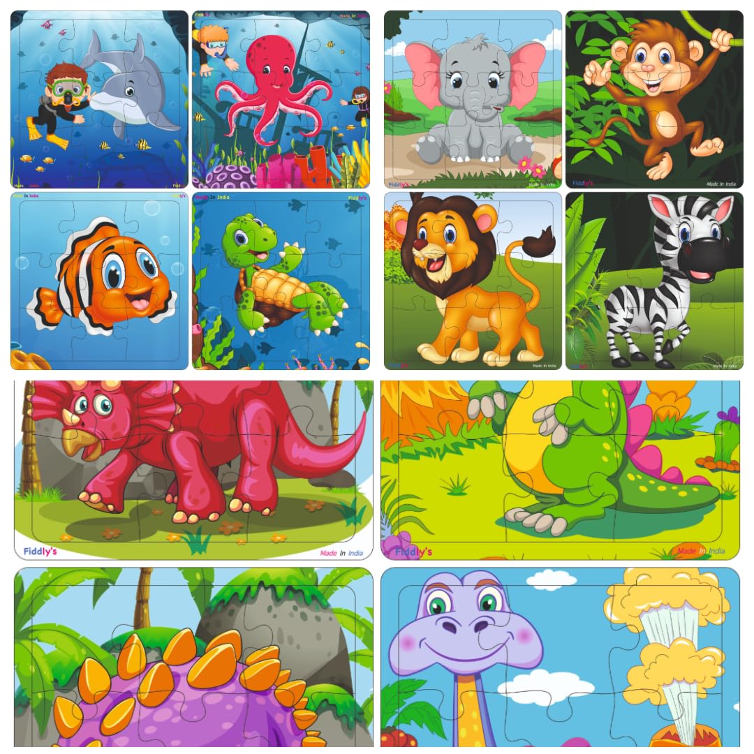 Fiddlys Fiddly s Wood Jigsaw Puzzles for Kids & Children - 9 Pieces (Pack of 12 - Animals+Dinos+Sea) Age 3+