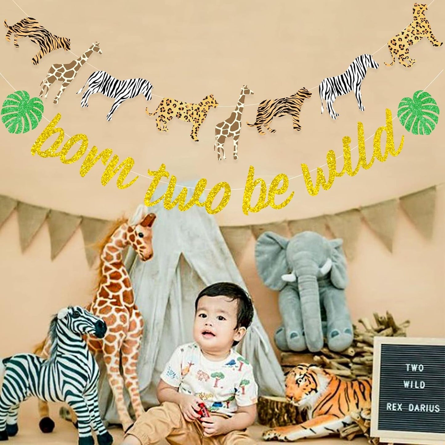 Sursurprise Born Two Be Wild Banner Gold Glitter Animal Print Cheetah Garland, Jungle Safari Theme Wild Two Second Birthday Part