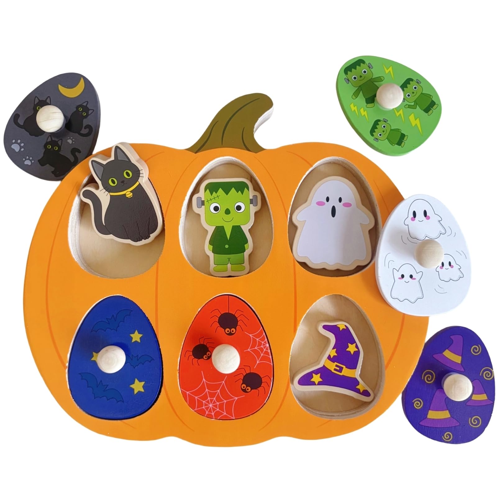 UURM Halloween Pumpkin Wooden Peg Puzzle for Toddlers, 6 Colors & Shape Matching Pieces, Montessori Educational Toy for Fine Mot