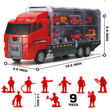 19 Pcs Fire Truck with Firefighter Toy Set, Mini Die-cast Fire Engine Car in Carrier Truck, Mini Rescue Emergency Double Side Tr