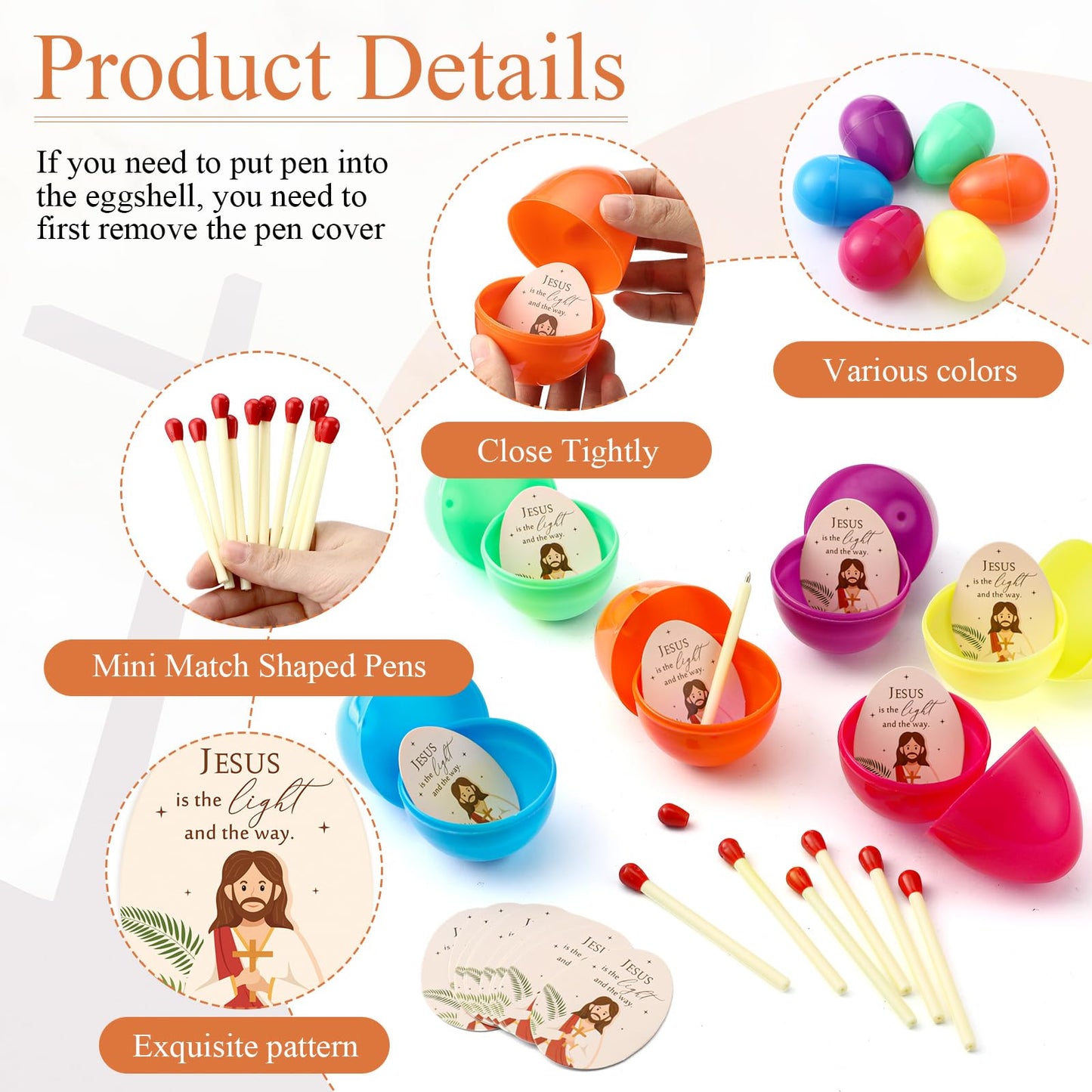 Ctosree 24 Sets 3.35 Inch Christian Easter Eggs Filler Stuffer with Match Shaped Ballpoint Pens and Jesus Is The Light Gift Card