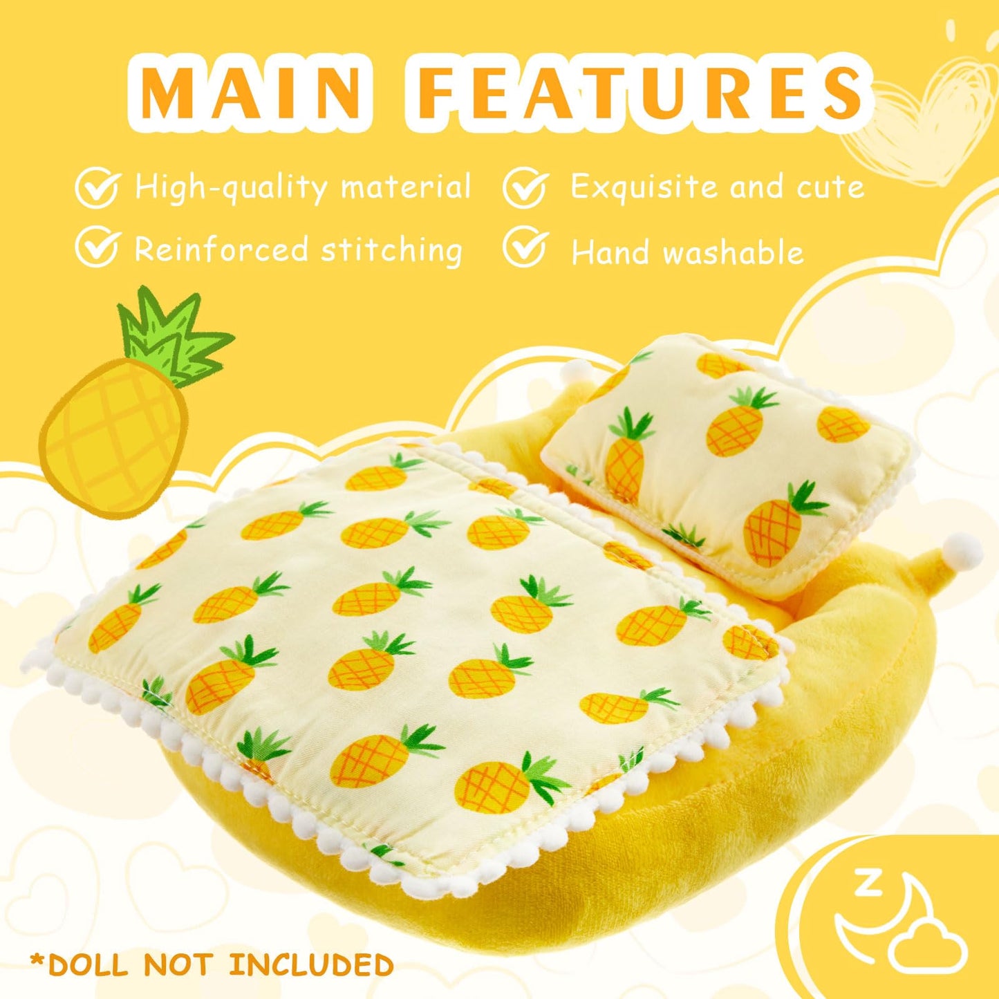 Skylety 4pcs Yellow Bedding Set for 17cm Doll Include Mattress Pillow Blanket and Slippers Accessories Bed House Furniture Heart