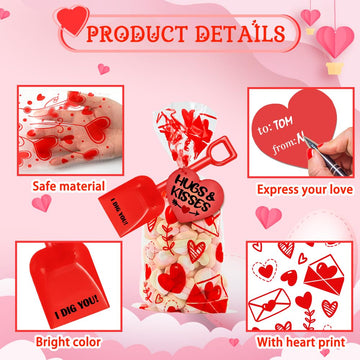 YUJUN 150 Pieces Valentine's Day Plastic Shovels for Kids I DIG You Sand Shovels Valentines Cards Cellophane Treat Candy Bags fo