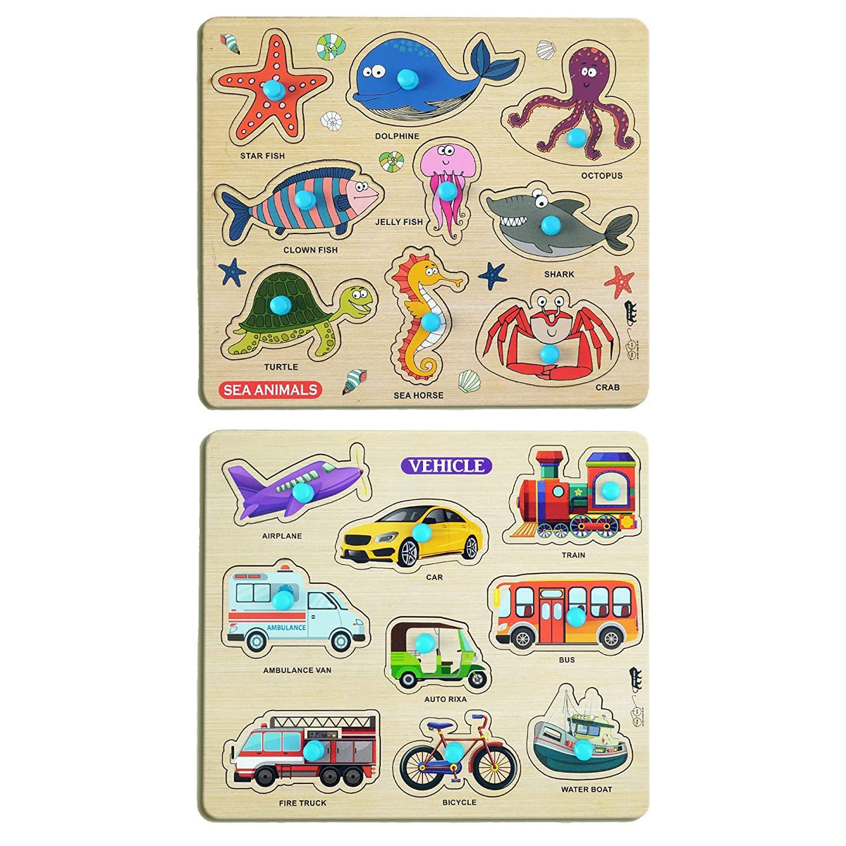 GREST Mini Wooden Sea Animals and Vehicles Puzzle with Knobs, Educational and Learning Game for Kids