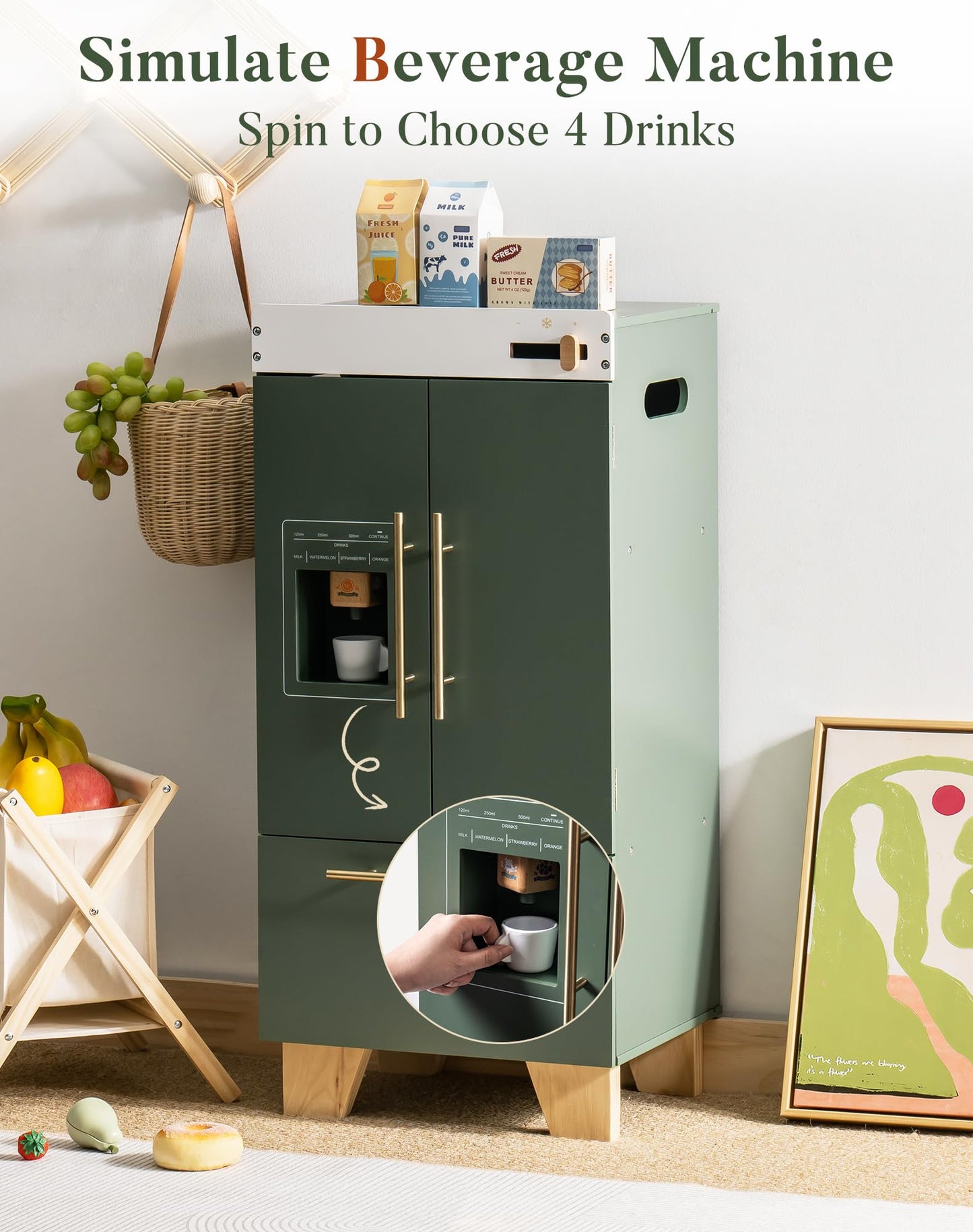 Robotime Wooden Toy Fridge - Play Kitchen Set With Accessories, Kitchen Playset Interactive Refrigerator For Pretend Play Fridge