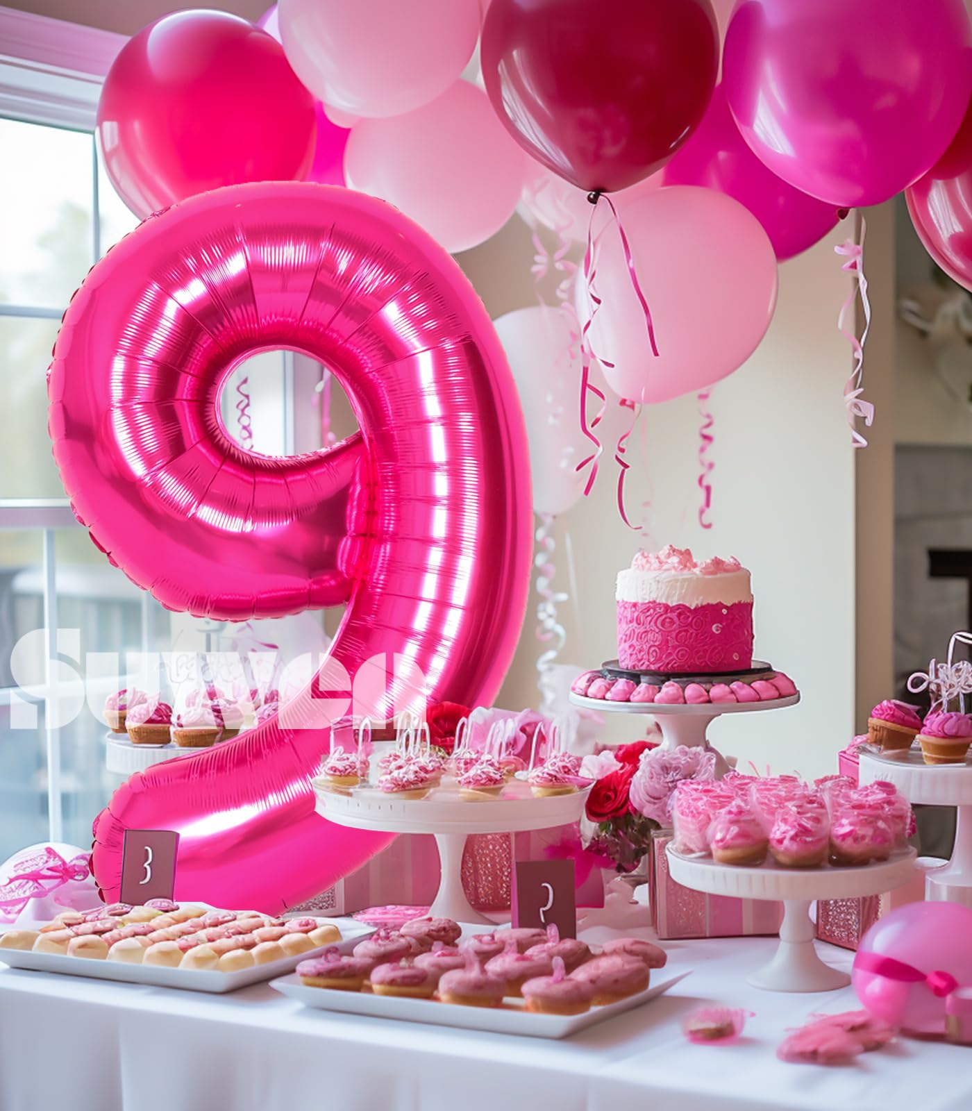 Suwen 40 Inch Hot Pink Large 9 Number Balloons Big Foil Helium Number Balloons 0-9 Jumbo Happy 9Th Mylar Birthday Party Decorati