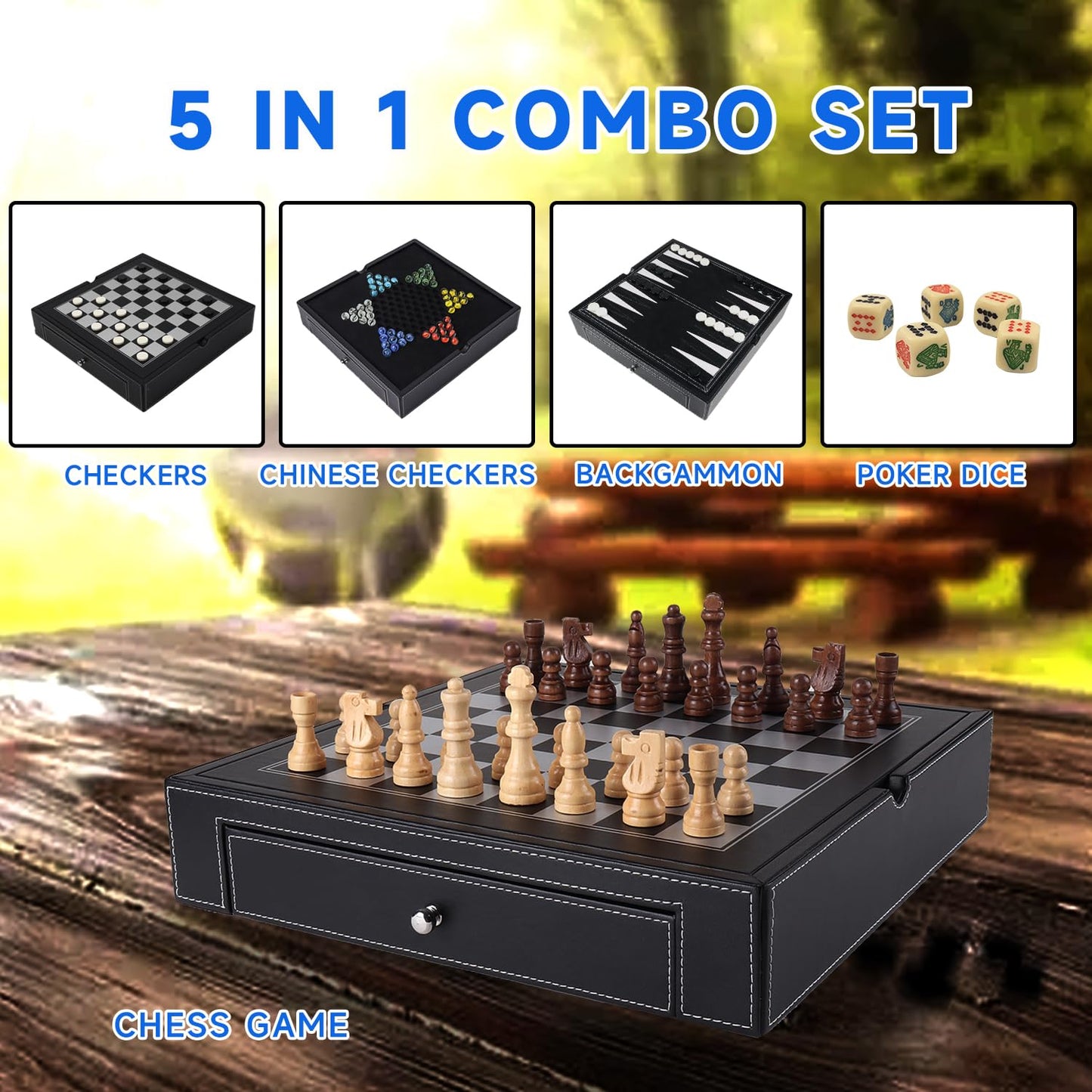 GSE Games & Sports Expert 5-in-1 Board Game Set - Leather, 12.5" - Chess, Checkers, Backgammon, Chinese Checkers, Poker Dice