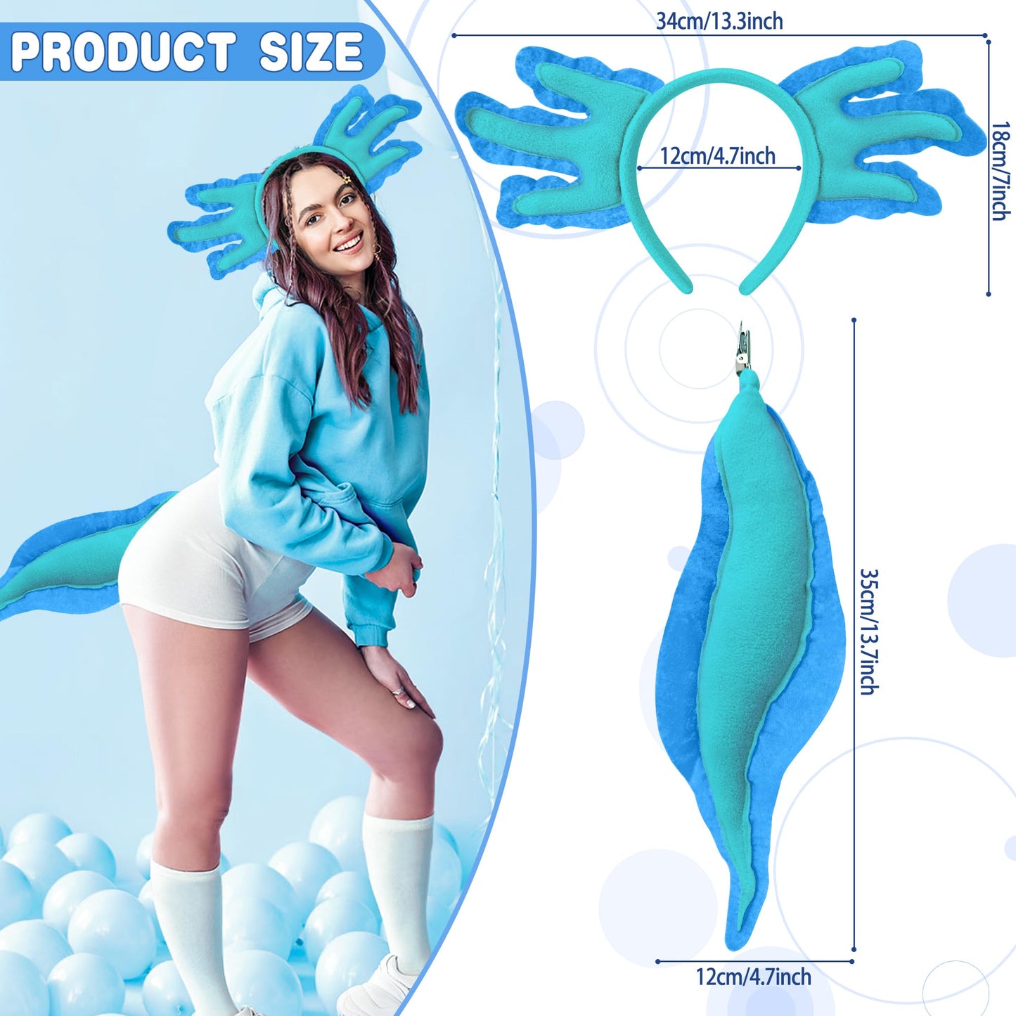 Alaxciax Axolotl Headband and Tail, Axolotl Costume Accessories Set Axolotl Gifts for Women Christmas Birthday Halloween (Blue)