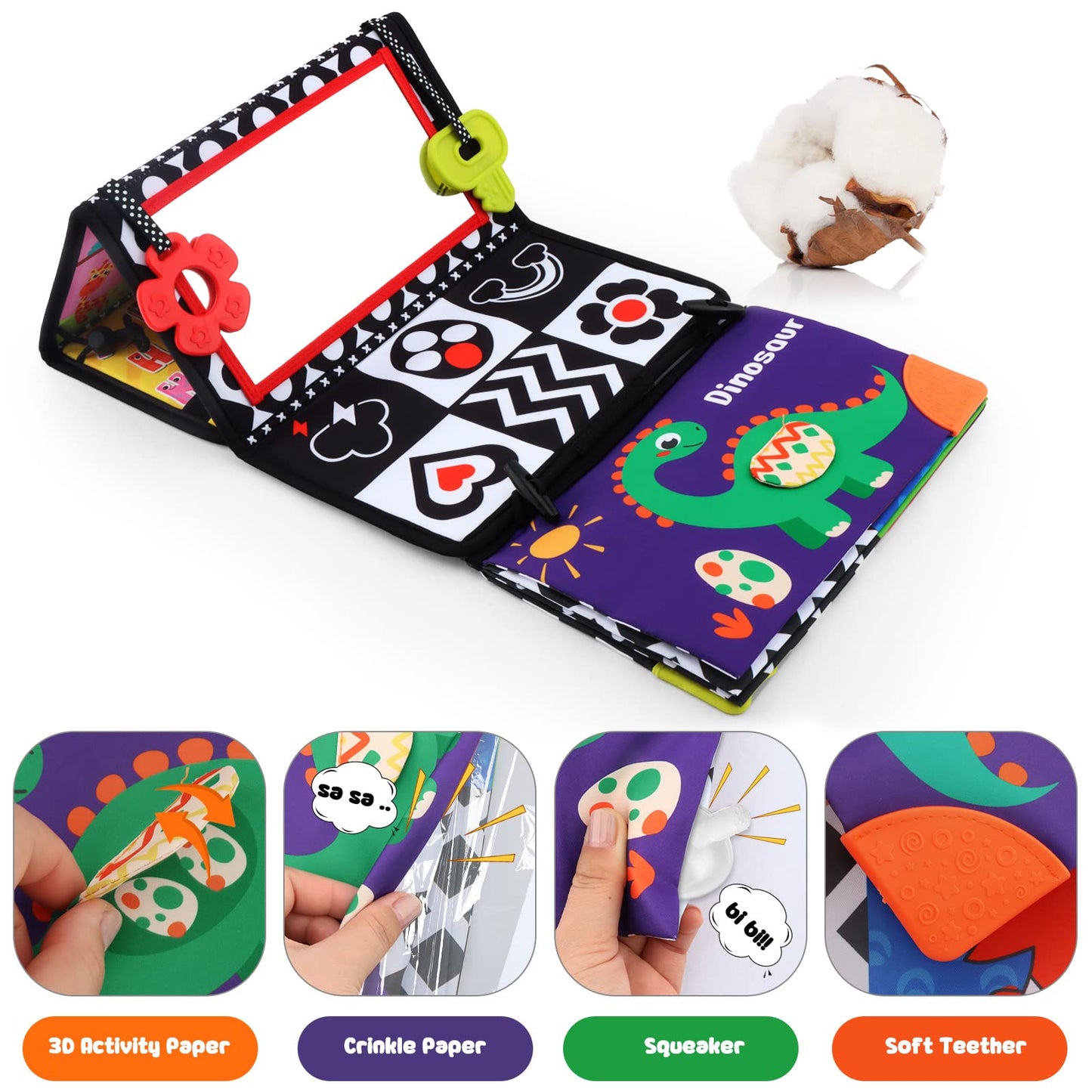 Tummy Time Floor Mirror With Crinkle Cloth Book And Teethers, Double-Sided Baby Mirror Black And White High Contrast Baby Toys,
