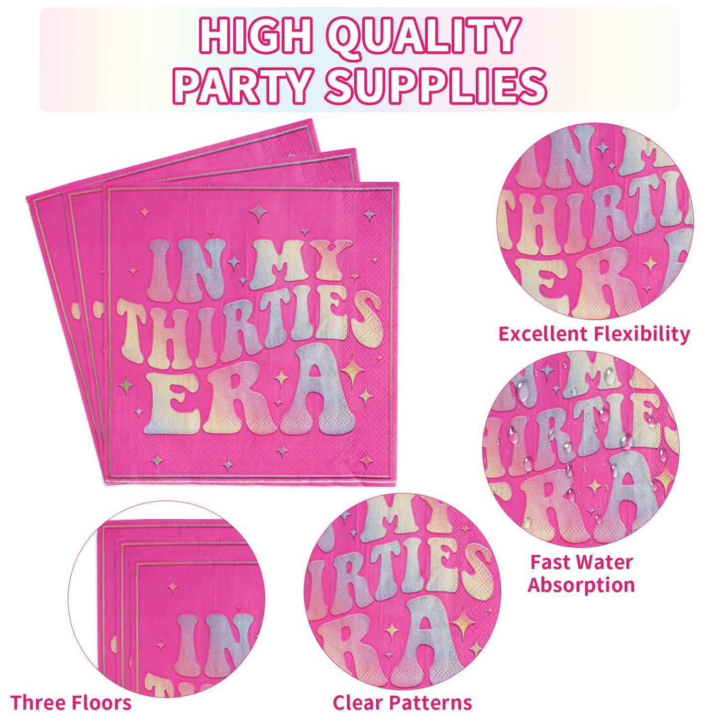 96Pcs In My Thirties Era Plates and Napkins 350GSM Holographic Rainbow 30th Birthday Decoration Hot Pink Tableware Set Singer In