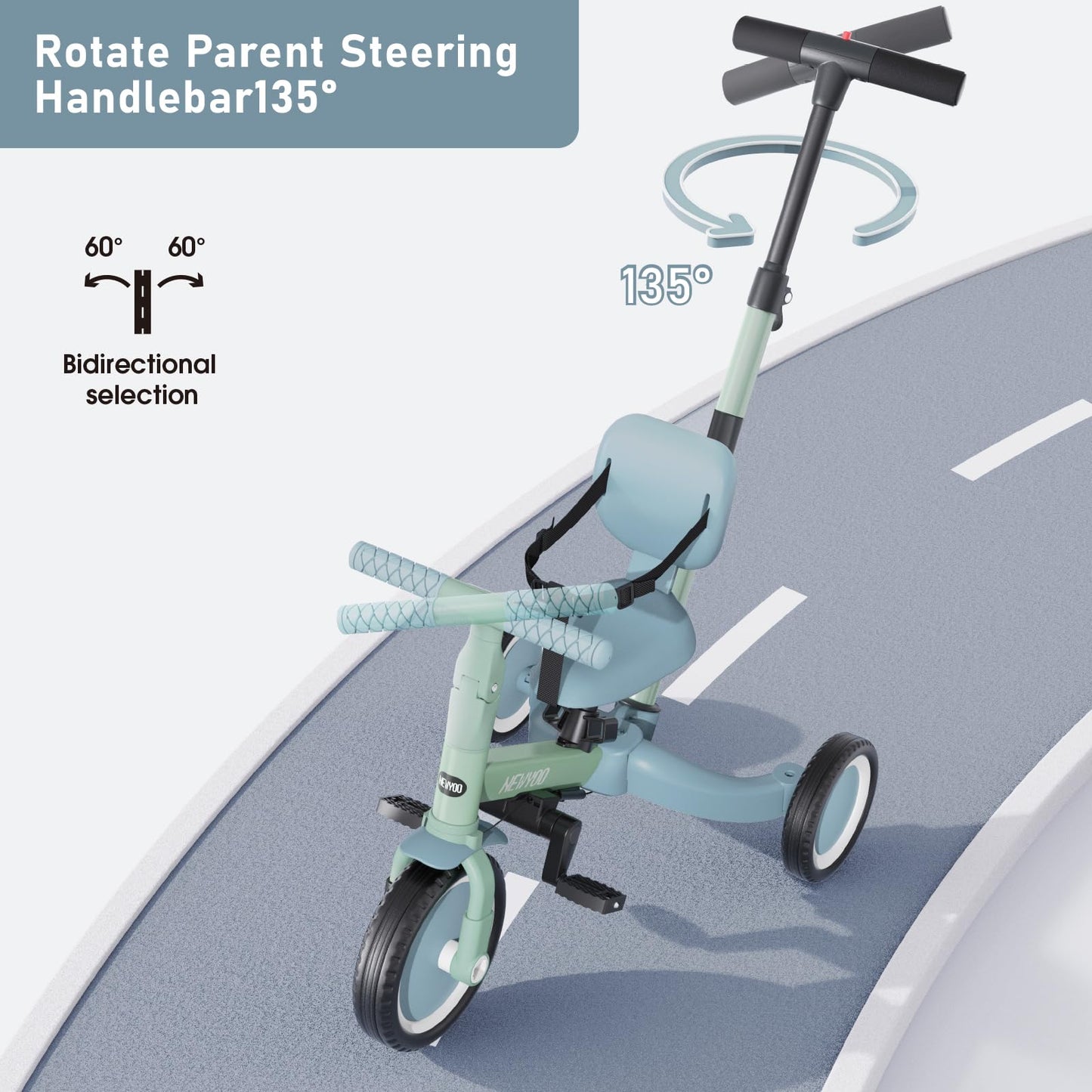 newyoo Toddler Tricycle, 5 in 1 Convertible Balance Bike, Green, TR007, Carbon Steel, for 1-3 Year Old Boys and Girls