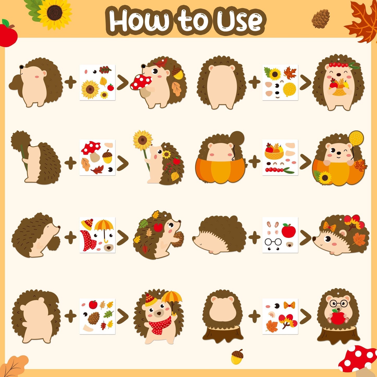 EZdhuawuse Fall Craft for Kids Kindergarten DIY Hedgehog Craft Kits 123Pcs Autumn Thanksgiving Art Craft Make Your Own Hedgehog